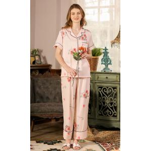 Red Rose Short Sleeves Pajamas Top with Long Silk Pants