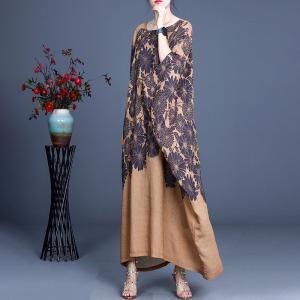 Bat Sleeve Cotton Linen Dress Printed Plus Size Caftan