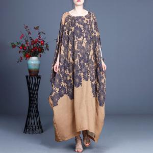 Bat Sleeve Cotton Linen Dress Printed Plus Size Caftan