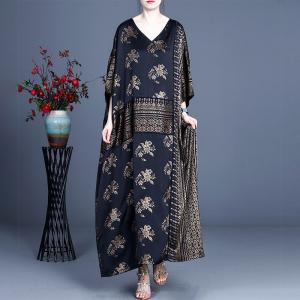 Folk Style V-Neck Black Church Dress Silky Modest Maxi Dress