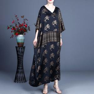 Folk Style V-Neck Black Church Dress Silky Modest Maxi Dress