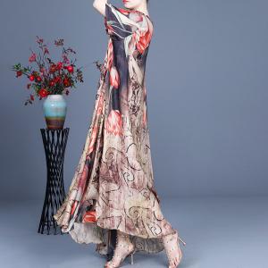 Half Sleeve Silk Beach Dress Printing Flowing Vacation Dress