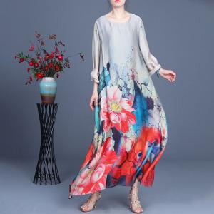 Red Flowers Silky Summer Resort Wear Loose Maxi Holiday Dress