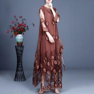 High-End Elegant Embroidery Dress Maxi Sheer Maxi Dress