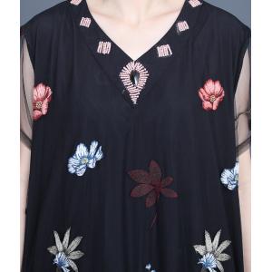 Flowers Black Embroidered Dress Short Sleeves Sheer Elegant Dress