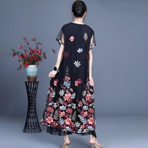 Flowers Black Embroidered Dress Short Sleeves Sheer Elegant Dress