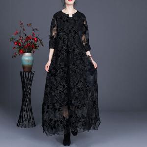 Over50 Style Loose Embroidery Clothing Balloon Long Lace Dress