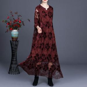 Over50 Style Loose Embroidery Clothing Balloon Long Lace Dress