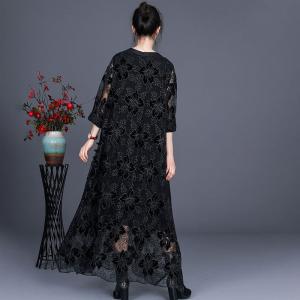 Over50 Style Loose Embroidery Clothing Balloon Long Lace Dress
