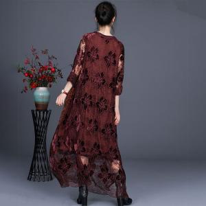 Over50 Style Loose Embroidery Clothing Balloon Long Lace Dress