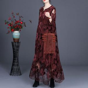 Over50 Style Loose Embroidery Clothing Balloon Long Lace Dress