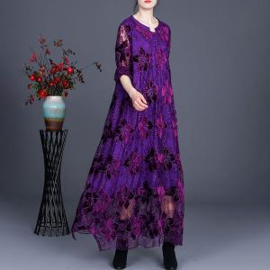 Over50 Style Loose Embroidery Clothing Balloon Long Lace Dress