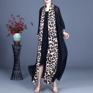 Mulberry Silk Blend Leopard Cardigan Elegant Loose Long Overcoat
