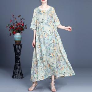 Air-Cool Ramie Floral Dress High-Waisted Loose Beach Dress