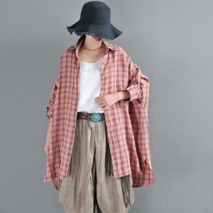 Pink Gingham Check Shirt Plus Size Linen Shirt for Women