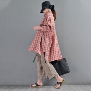 Pink Gingham Check Shirt Plus Size Linen Shirt for Women