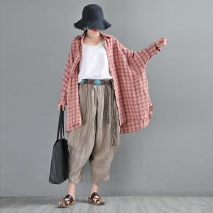 Pink Gingham Check Shirt Plus Size Linen Shirt for Women