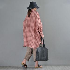 Pink Gingham Check Shirt Plus Size Linen Shirt for Women