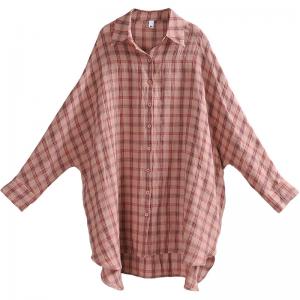 Pink Gingham Check Shirt Plus Size Linen Shirt for Women