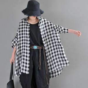 British Style Organic Linen Tunic Shirt BF Style Oversized Plaid Shirt