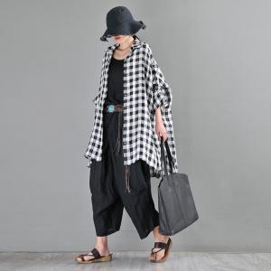 British Style Organic Linen Tunic Shirt BF Style Oversized Plaid Shirt