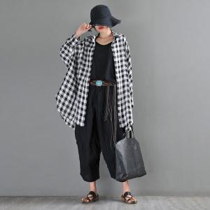 British Style Organic Linen Tunic Shirt BF Style Oversized Plaid Shirt