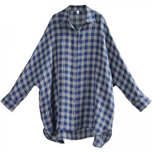 British Style Organic Linen Tunic Shirt BF Style Oversized Plaid Shirt