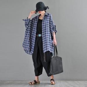 Street Style Blue Tartan Shirt Customized Linen Plaid Shacket