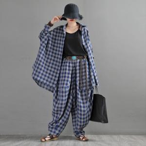 Street Style Blue Tartan Shirt Customized Linen Plaid Shacket