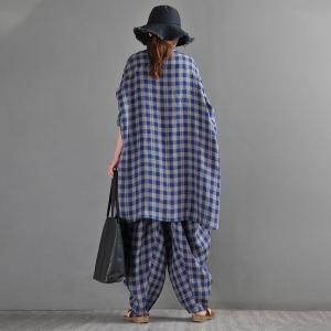 Street Style Blue Tartan Shirt Customized Linen Plaid Shacket