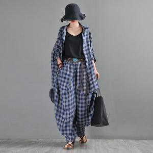 Street Style Blue Tartan Shirt Customized Linen Plaid Shacket