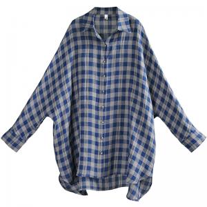 Street Style Blue Tartan Shirt Customized Linen Plaid Shacket