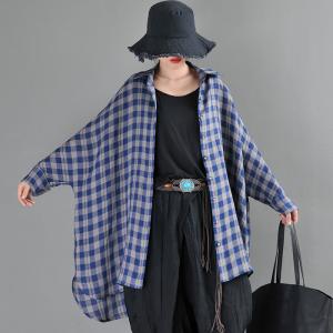 Street Style Blue Tartan Shirt Customized Linen Plaid Shacket