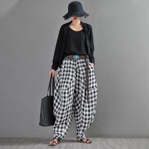 Black and White Tartan Plaid Harem Pants Linen Classic Fisherman Pants