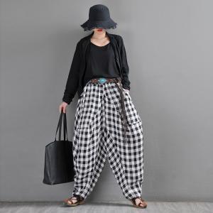 Black and White Tartan Plaid Harem Pants Linen Classic Fisherman Pants