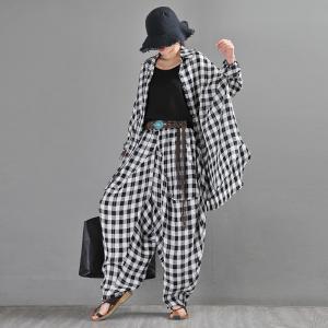 Black and White Tartan Plaid Harem Pants Linen Classic Fisherman Pants