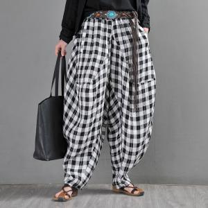 Black and White Tartan Plaid Harem Pants Linen Classic Fisherman Pants