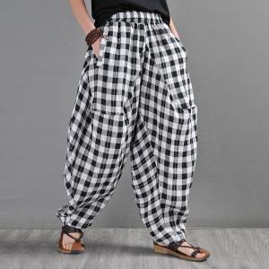 Black and White Tartan Plaid Harem Pants Linen Classic Fisherman Pants