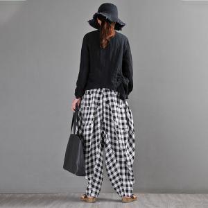 Black and White Tartan Plaid Harem Pants Linen Classic Fisherman Pants