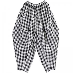 Black and White Tartan Plaid Harem Pants Linen Classic Fisherman Pants