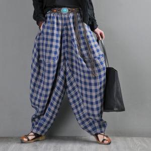 Loose-Fitting Blue Grid Elephant Pants Linen Harem Pants for Women