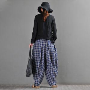 Loose-Fitting Blue Grid Elephant Pants Linen Harem Pants for Women