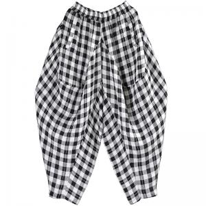 Loose-Fitting Blue Grid Elephant Pants Linen Harem Pants for Women