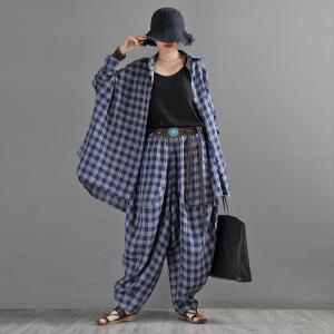 Loose-Fitting Blue Grid Elephant Pants Linen Harem Pants for Women