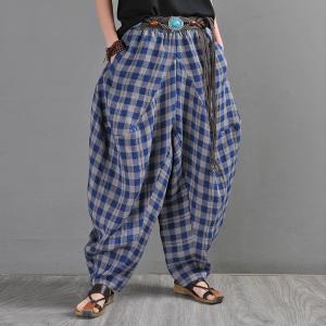 Loose-Fitting Blue Grid Elephant Pants Linen Harem Pants for Women