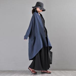 Customized Flax Blue Poncho Cardigan Plus Size Linen Coat