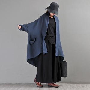 Customized Flax Blue Poncho Cardigan Plus Size Linen Coat