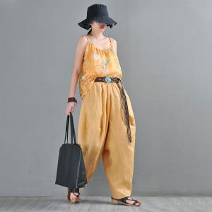 100s Linen Yellow Harem Pants Beach Style Summer Resort Pants