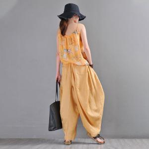 100s Linen Yellow Harem Pants Beach Style Summer Resort Pants