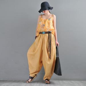 100s Linen Yellow Harem Pants Beach Style Summer Resort Pants